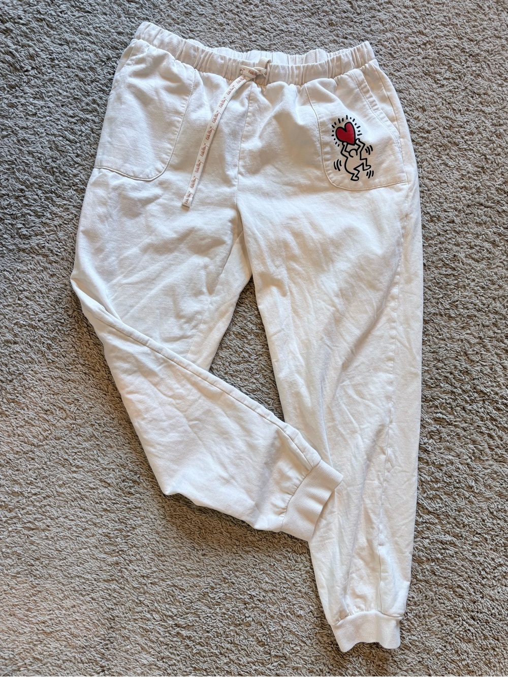 Keith Haring Jogger Sweatpants Cream White Heart Graphic | Size L